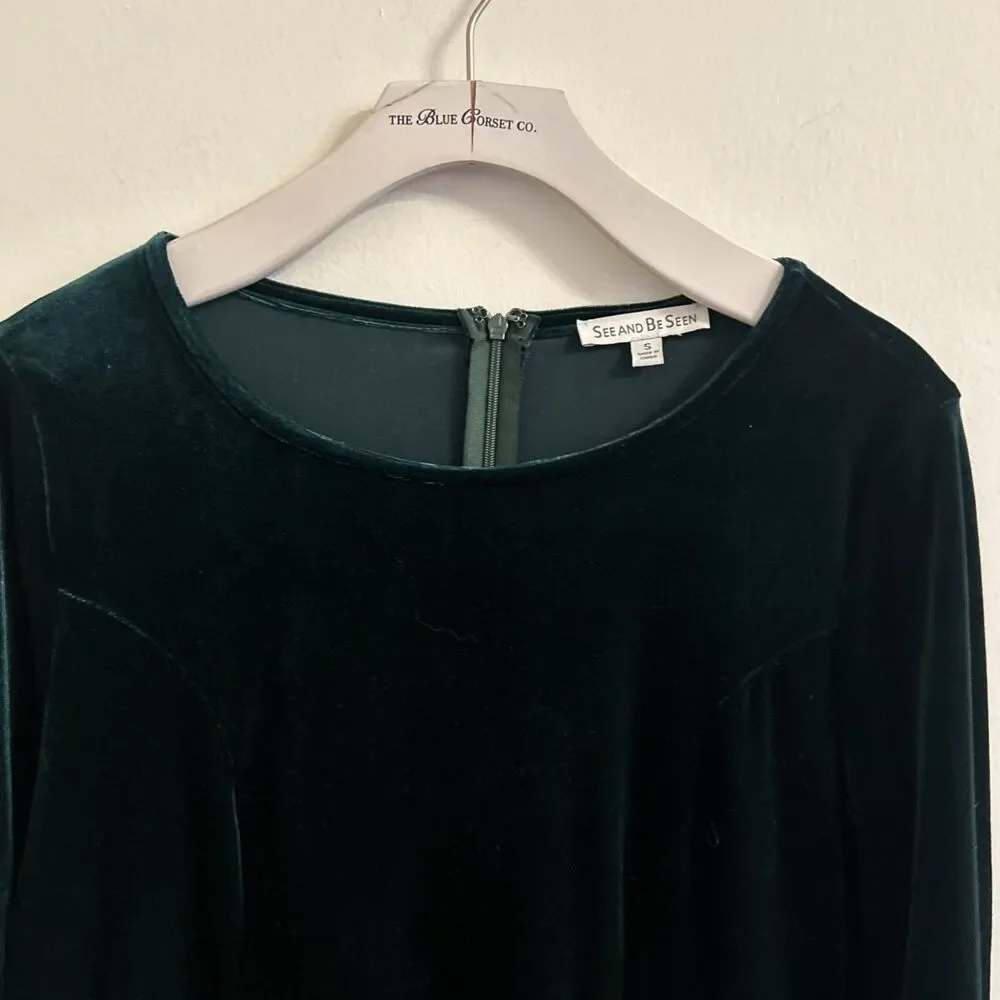 See and Be Seen Green Velvet Dress Small Long Sleeve Flounce Hem - Picture 3 of 7